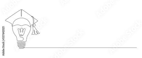 One continuous line drawing of Light Bulb with Graduation Hat. Lightbilb lamp symbol of smart and innovative education and study in simple linear style. Editable stroke. Doodle Vector illustration