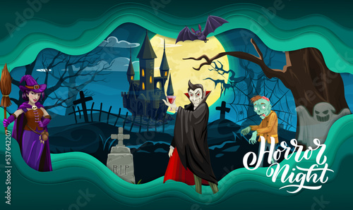 Cartoon halloween characters and paper cut night landscape. Vector greeting card with 3d effect frame, eerie witch with broom, vampire dracula, zombie and ghost on dark cemetery with haunted castle