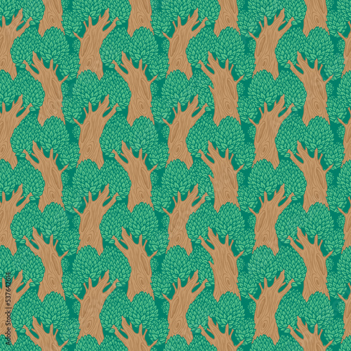 Seamless pattern with old deciduous trees. Vector background with dense forest in a flat cartoon style. Stylised trees with lush foliage and hollows on thick trunks.