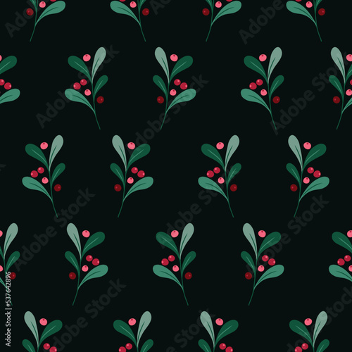 Christmas Mistletoe Foliage and Lingonberries Vector Seamless Pattern. Berries and Twigs. Winter Holidays Festive Print. Festive Botanical Design