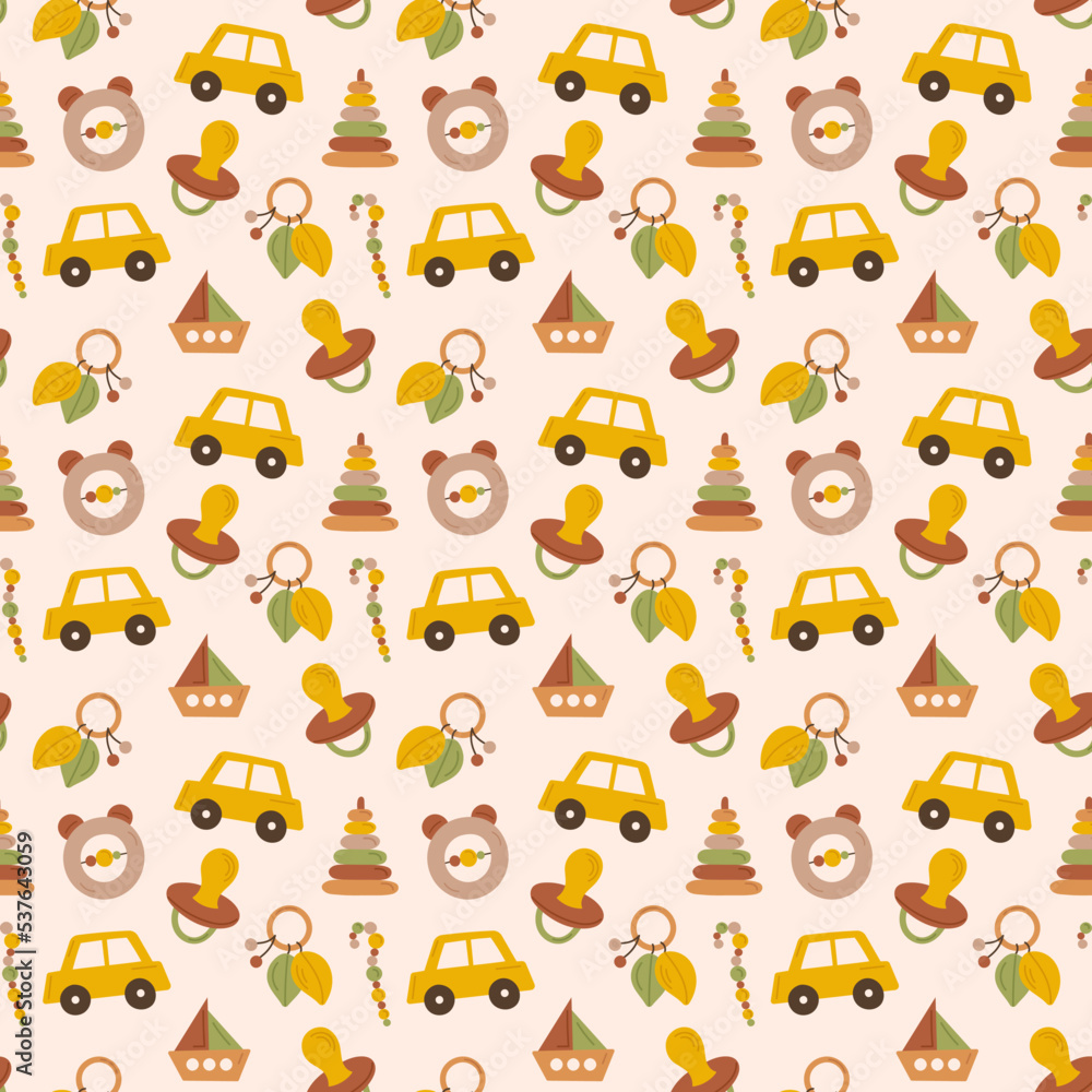 Seamless pattern of cute toys. Beige cartoon boho background. For textile, fabric, postcard, poster