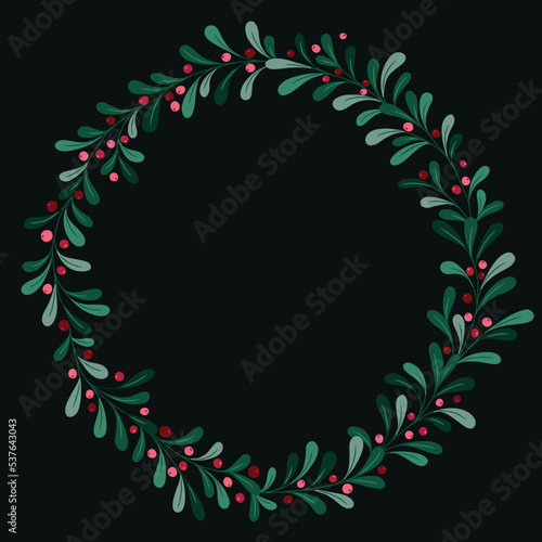 Christmas Mistletoe Foliage and Lingonberries Vector Wreath. Berries and Twigs Round Frame. Winter Holidays Festive Print. Festive Botanical Design