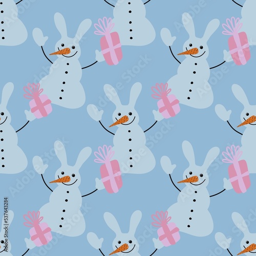 Fototapeta Naklejka Na Ścianę i Meble -  Winter ice snowman seamless Christmas pattern for Noel and wrapping paper and kids clothes print and snowflakes