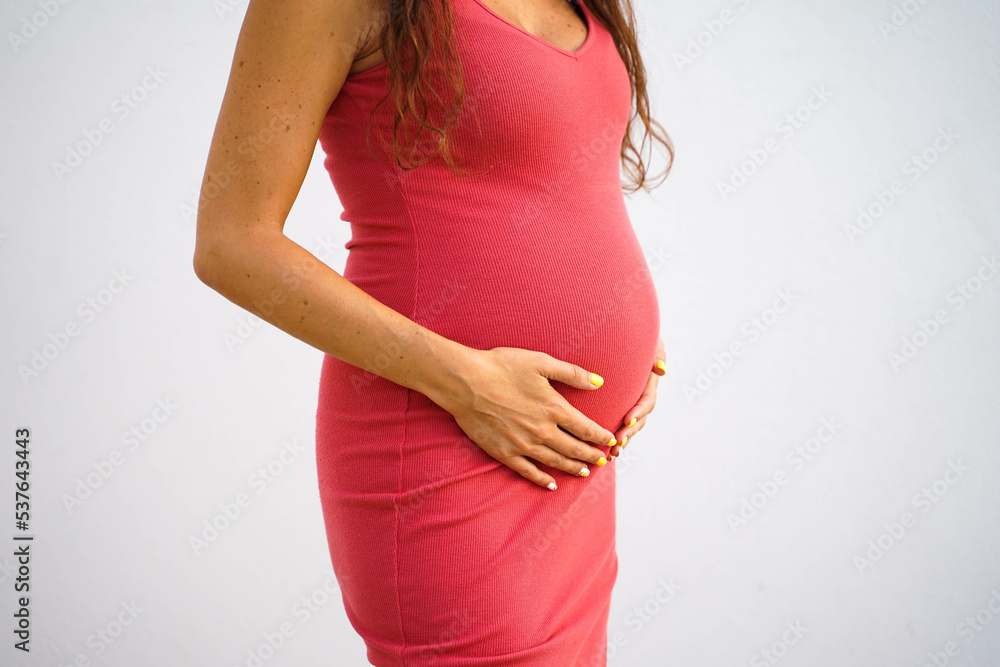 pregnant mother holding her belly during pregnancy on a white background pregnant mother holding her belly during pregnancy on a white background