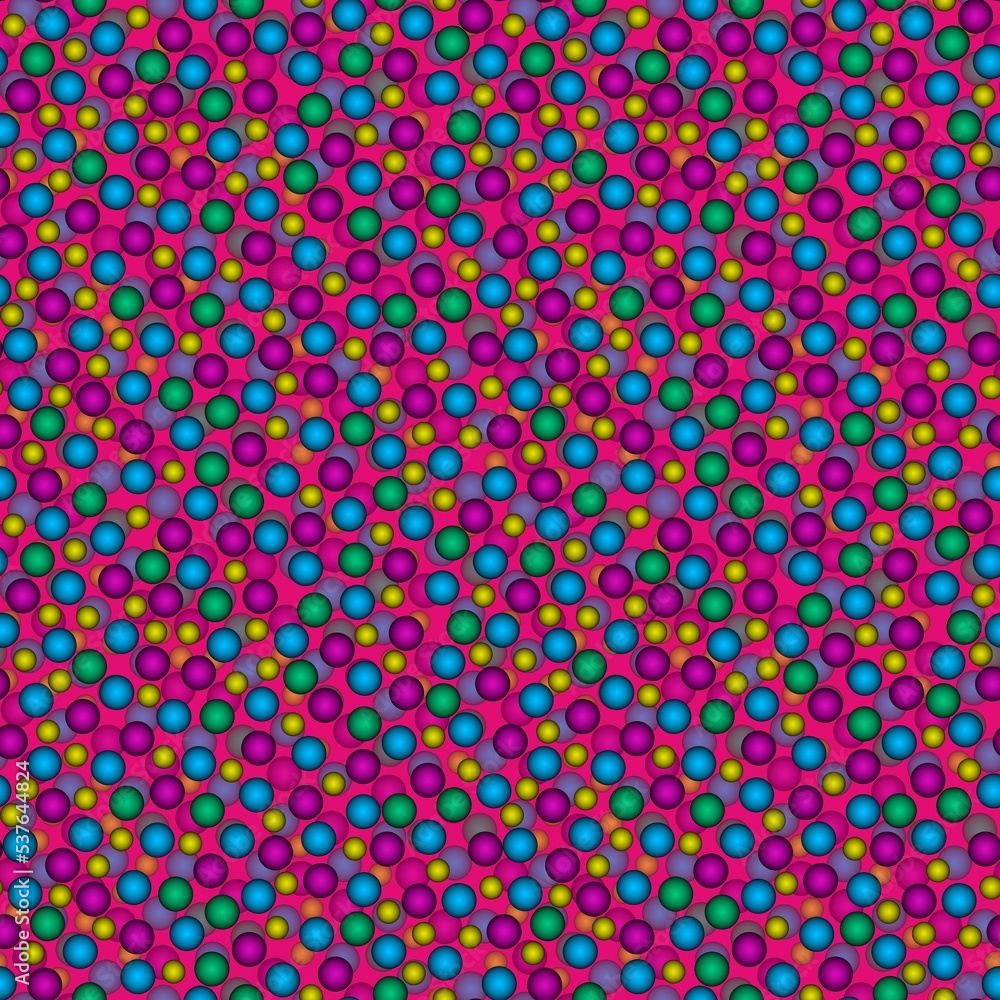 Abstract seamless pattern with colorful voluminous different balls on pink.Illustration of overlapping layering effect pattern for background ornament.For invitation,flyer,banner,textile,fabric Abstract seamless pattern with colorful voluminous different balls on pink.Illustration of overlapping layering effect pattern for background ornament.For invitation,flyer,banner,textile,fabric