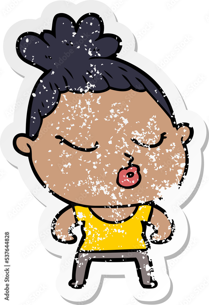distressed sticker of a cartoon calm woman distressed sticker of a cartoon calm woman
