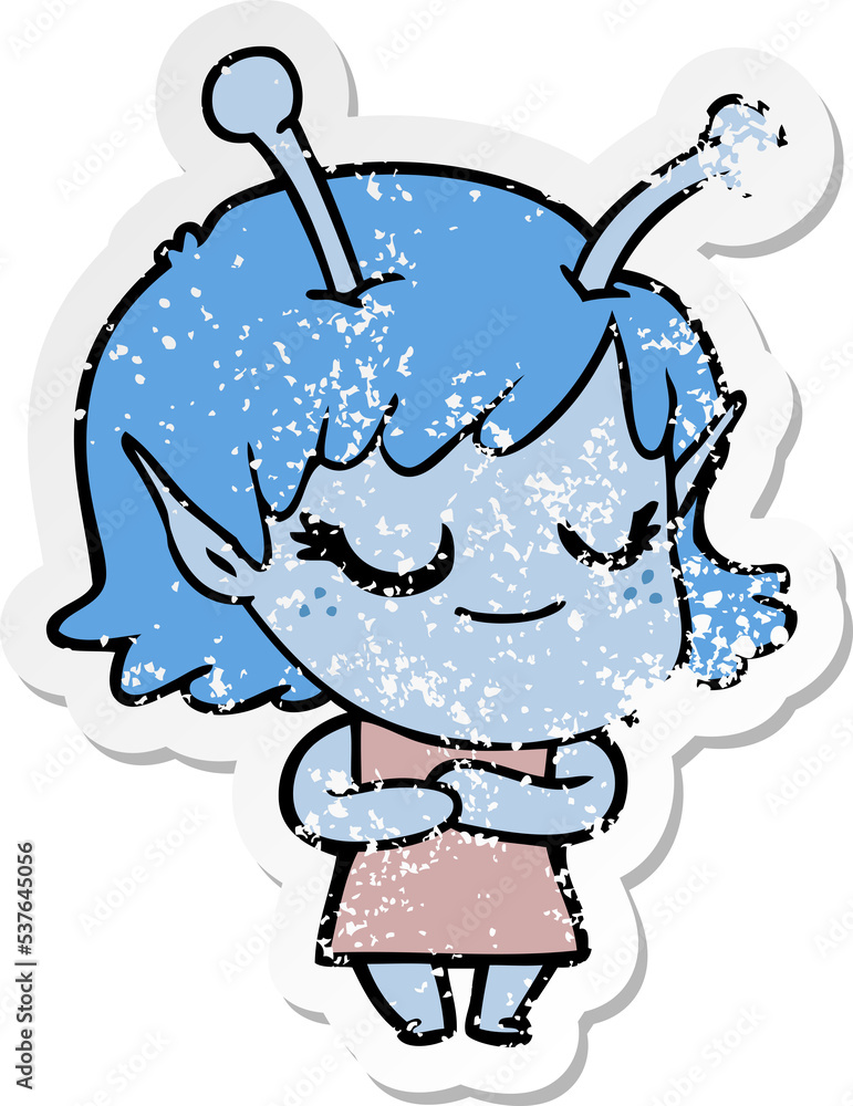 distressed sticker of a smiling alien girl cartoon distressed sticker of a smiling alien girl cartoon