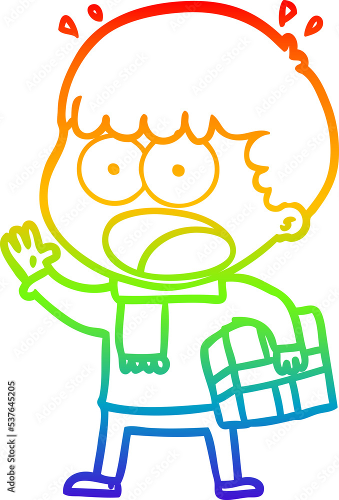rainbow gradient line drawing of a cartoon shocked man with gift rainbow gradient line drawing of a cartoon shocked man with gift