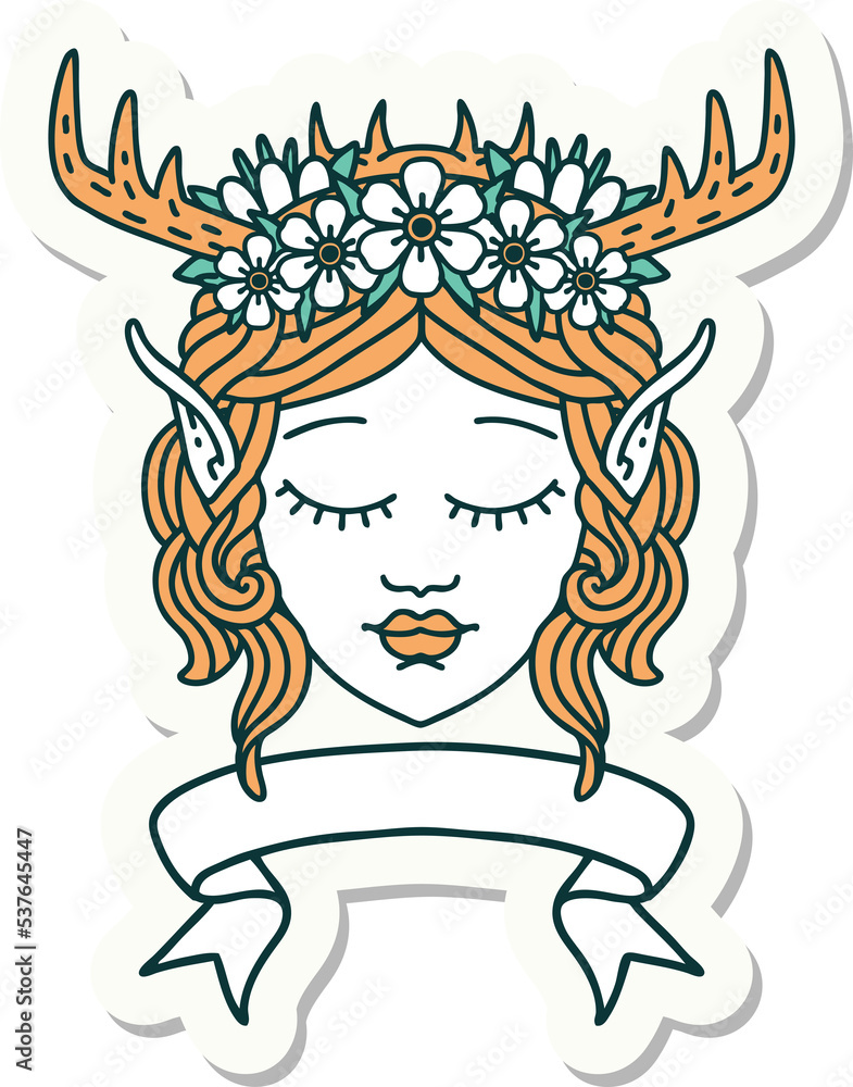 sticker of a elf druid character face with banner sticker of a elf druid character face with banner