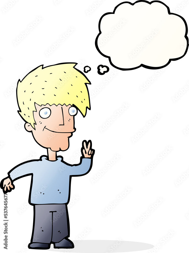 cartoon man giving peace sign with thought bubble cartoon man giving peace sign with thought bubble