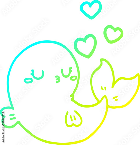 cold gradient line drawing of a cute cartoon whale in love