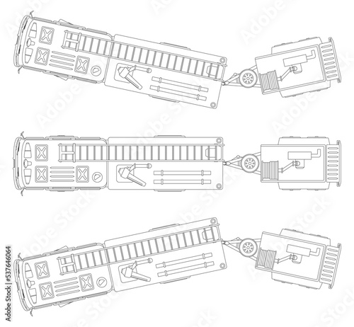 Fire truck, fire engine, fire lorry, fire trailer. A top view of outlined clean design of a fire truck and fire trailer. A fire truck that turns left, goes straight, turns right.