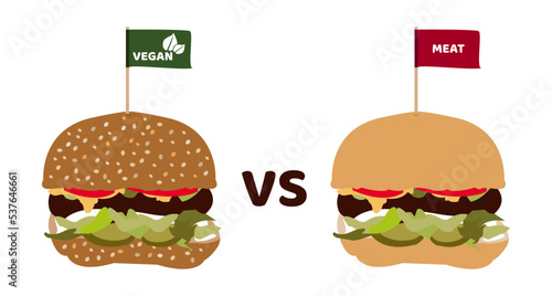 Vegan vs meat burger. Comparison of hamburger with a veggie patty with meat substitute or alternative and beef unhealthy patty. Vegetarian burger made from soya, pea, or chickpea and meat burger.