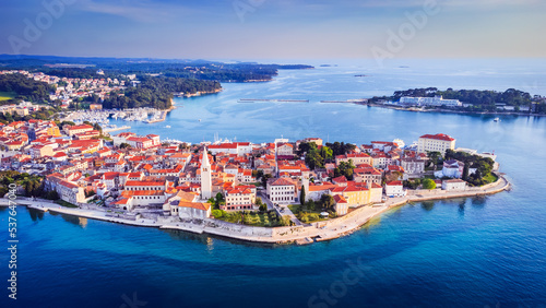 Istria, Croatia - Aerial drone view of historical city of Porec