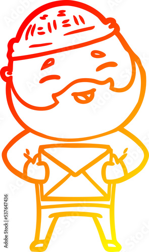 warm gradient line drawing of a cartoon happy bearded man