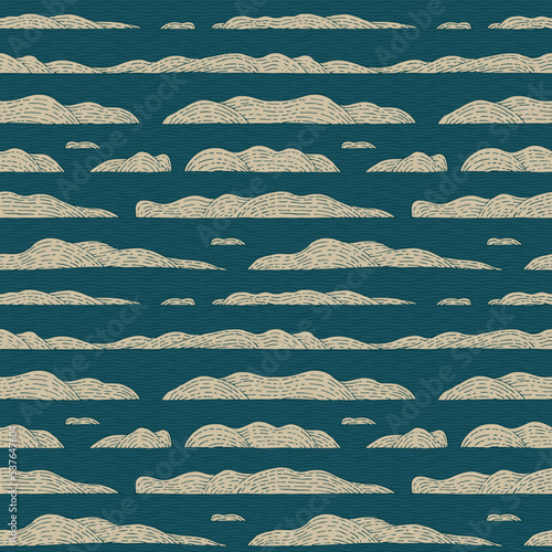 Decorative seamless pattern with hand-drawn lines in the form islands on the water. Abstract vector background with sea landscape in retro style. Suitable for wallpaper, wrapping paper, fabric