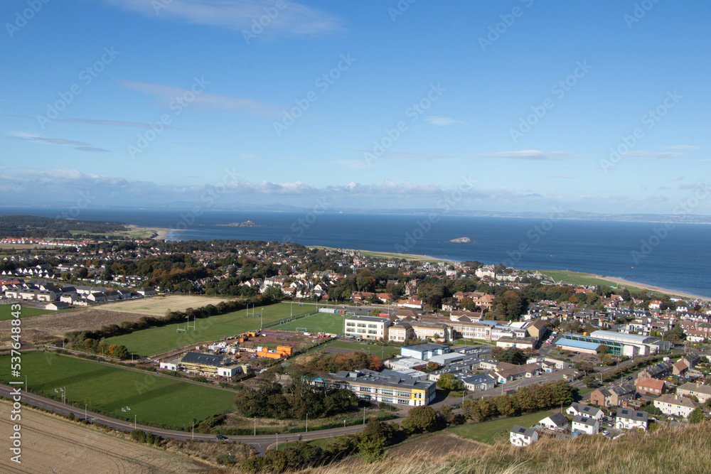 View of the Firth of Forth from the sky and town of North Bewick, East Lothian, Scotland