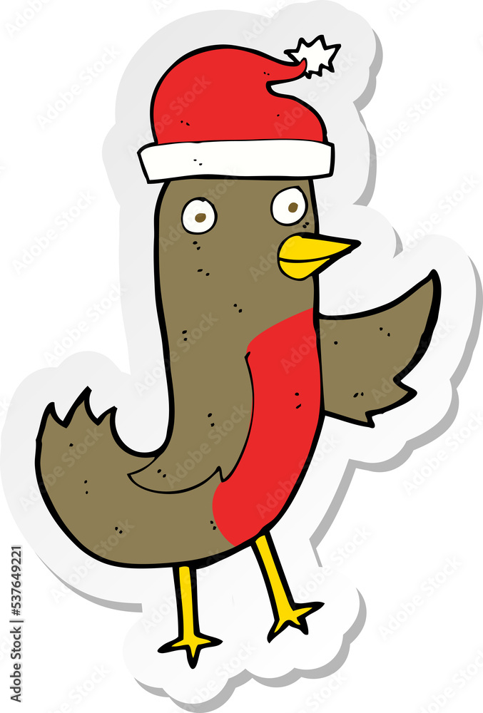 Naklejka premium sticker of a cartoon christmas robin wearing hat