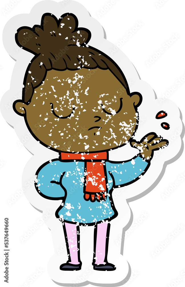 distressed sticker of a cartoon calm woman distressed sticker of a cartoon calm woman