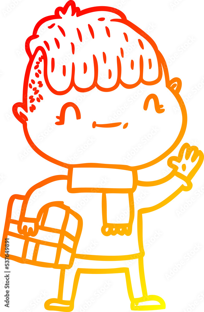 warm gradient line drawing of a cartoon friendly boy with christmas present warm gradient line drawing of a cartoon friendly boy with christmas present