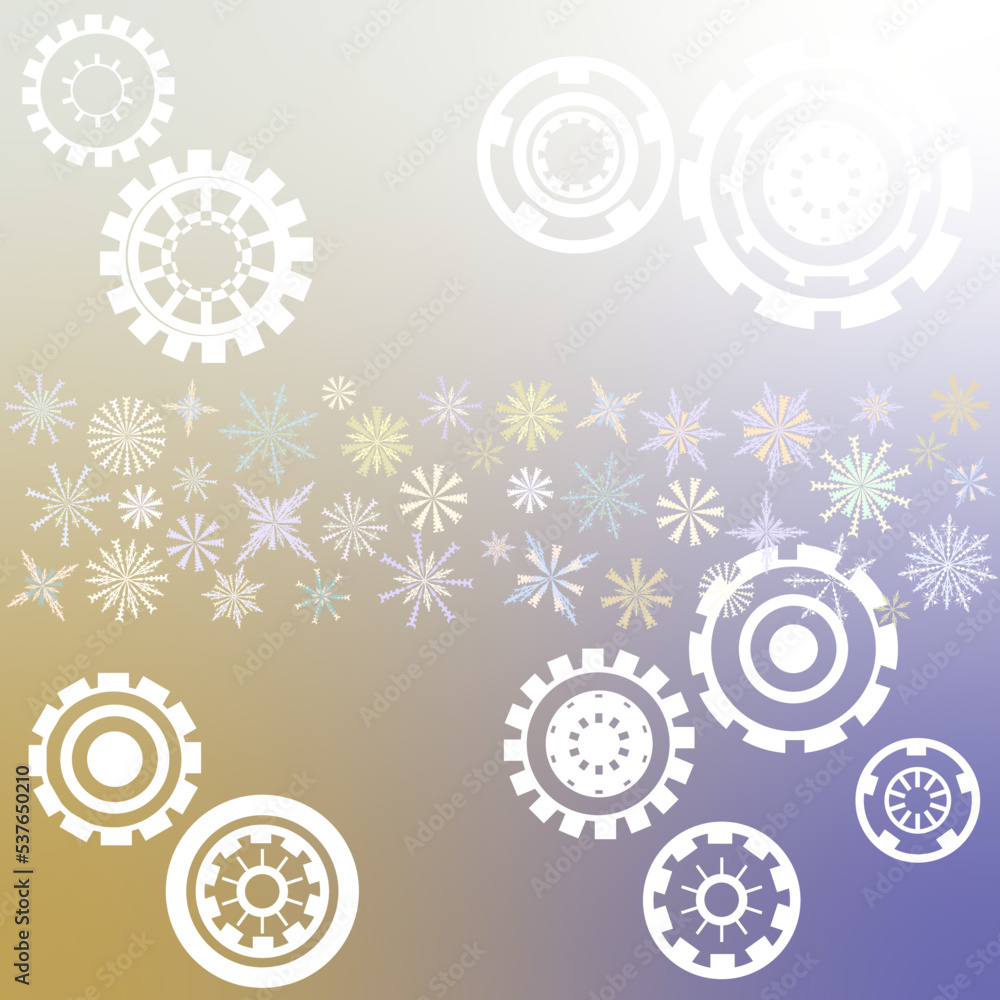 white snowflakes of various shapes, similar to a gear greeting card