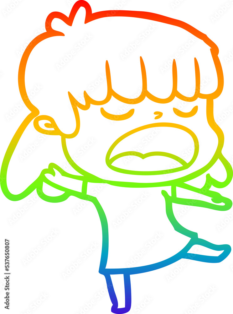 rainbow gradient line drawing of a cartoon woman talking loudly rainbow gradient line drawing of a cartoon woman talking loudly