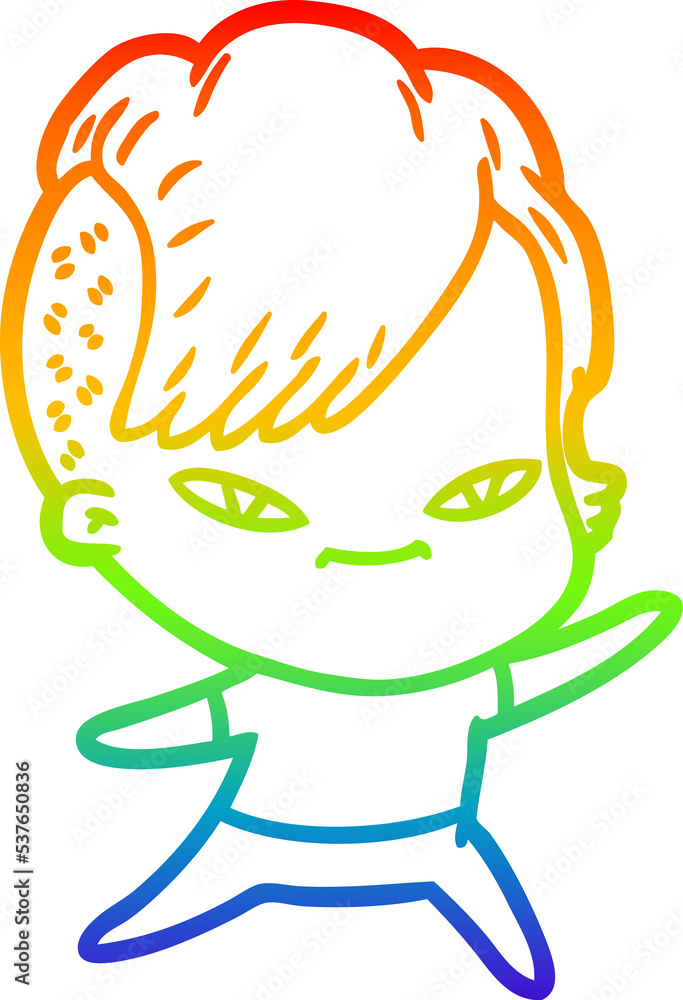 rainbow gradient line drawing of a cute cartoon girl with hipster haircut rainbow gradient line drawing of a cute cartoon girl with hipster haircut