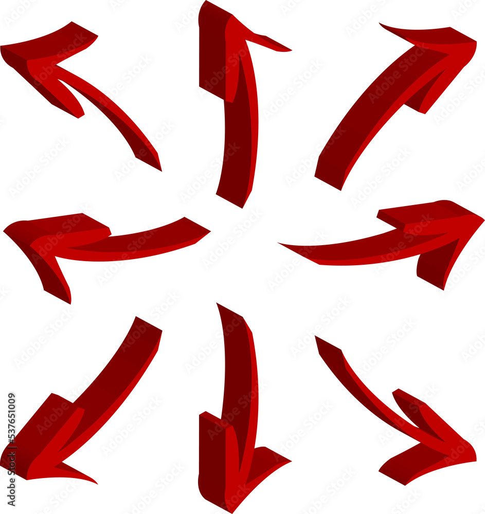 Arrows 3d isometric isolated set 6 different direction red on white ...