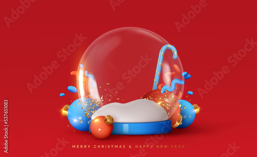 Merry Christmas and Happy New Year. Christmas winter transparent snow glass ball. Realistic 3d design Xmas candy cane, decoration bauble blue balls, empty space over snow. Vector illustration