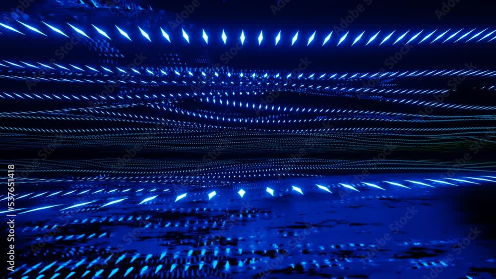 Warped surface with blue glow pattern. Fly through mirror tunnel with ...