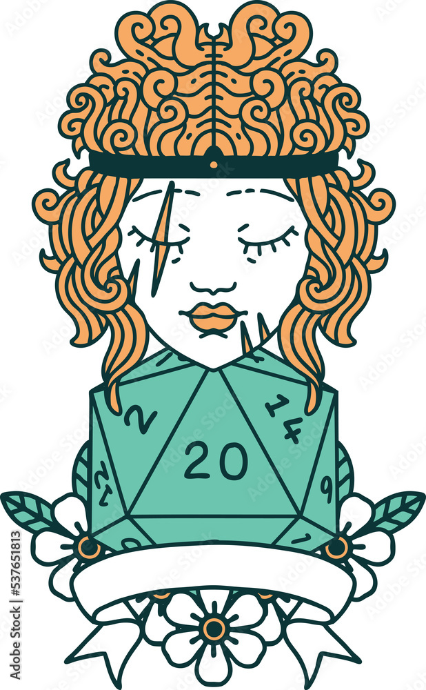 Retro Tattoo Style human barbarian with natural twenty dice roll Retro Tattoo Style human barbarian with natural twenty dice roll