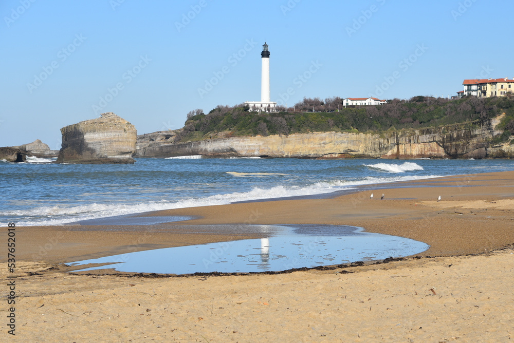 Biarritz, France - 15 Jan, 2023: Winter views of the Phare de Biarritz (Biarritz Lighthouse) and the Grand Plage