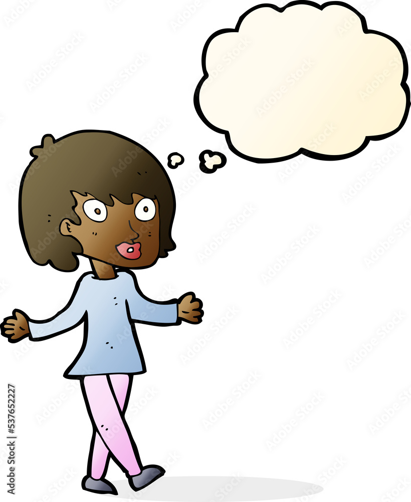 cartoon woman with open arms with thought bubble cartoon woman with open arms with thought bubble
