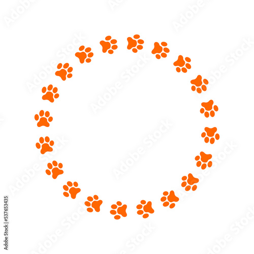 Round frame with dog or cat paw prints. Cute template for pet photo, greeting or invitation card, picture, banner isolated on white background. Vector flat illustration