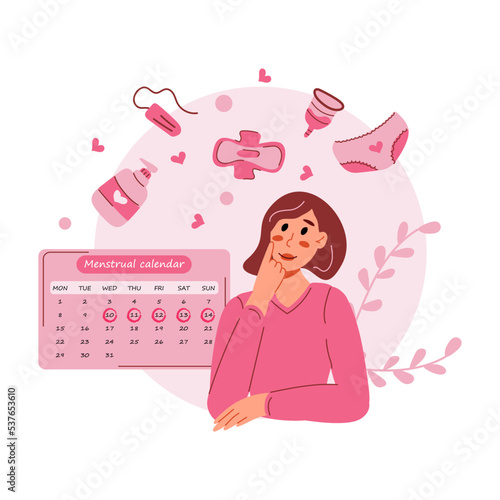 The concept of critical days. The young woman was thinking against the background of a calendar and hygiene items. Women with menstruation. Vector flat illustration