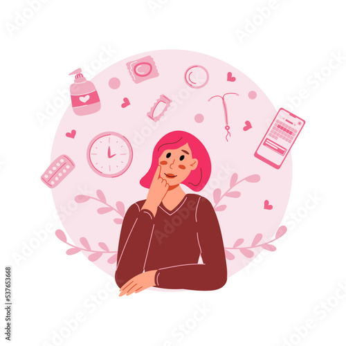 The concept of contraception and hygiene. A young woman thought about contraceptives and hygiene items. Flat vector illustration.
