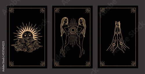 Collection of magical illustrations. Tarot cards. Set of linear vector illustrations. Hand drawn celestial illustrations depicting sun, moon, planet. design elements for decoration in a modern style.