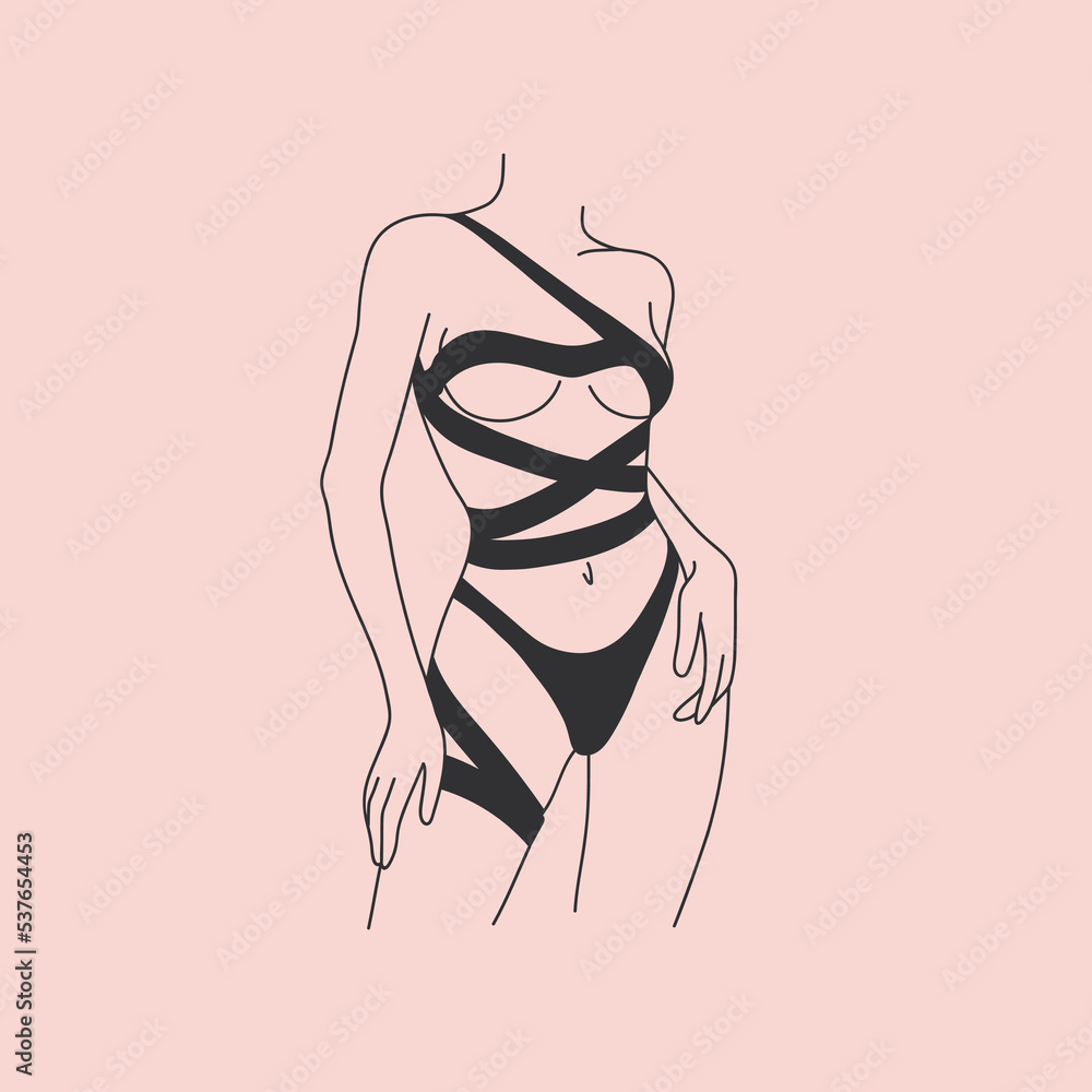 Girl naked body outline. Erotic body. Nude sexy girl. Minimalist line art female figure on pink