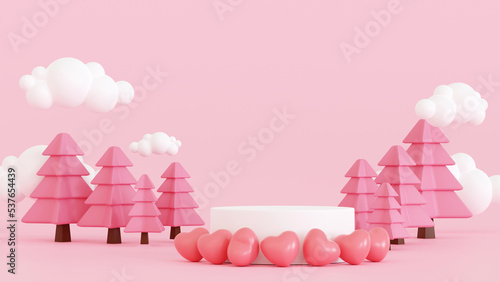 Podium with pink cartoon autumn rural landscape, meadow and mountain with blue sky and cloud, for banner, poster background, 3D rendering.
