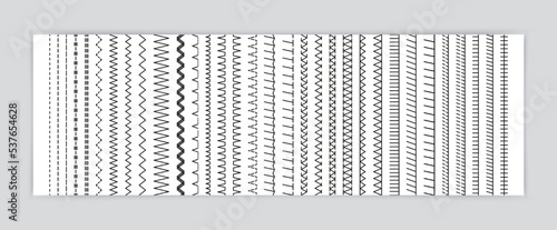 Set of machine thread sew brushes. Seamless embroidery stitches. Sewing seams. Overlock fabric elements. Vector. Outline border isolated on white background. Simple graphic illustration.
