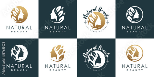 Natural beauty logo design collection with woman face and leaf element Premium Vector