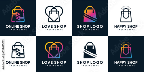 Online shop logo design collection with bag icon and creative element Premium Vector