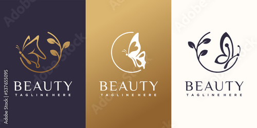 Butterfly logo design collection for beauty icon with leaf element concept Premium Vector