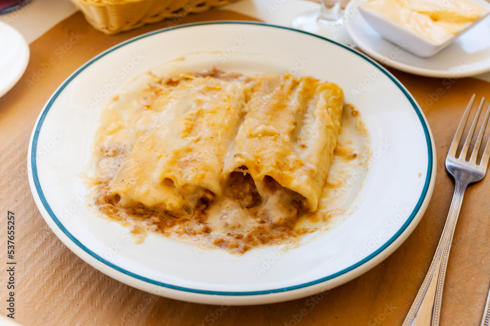 Traditional Italian cannelloni with minced meat baked in bechamel sauce with grated cheese