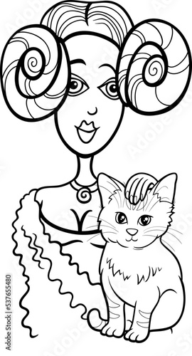 cartoon woman stroking a cat on her lap coloring page