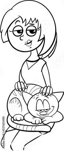 cartoon woman petting a cat on her lap coloring page