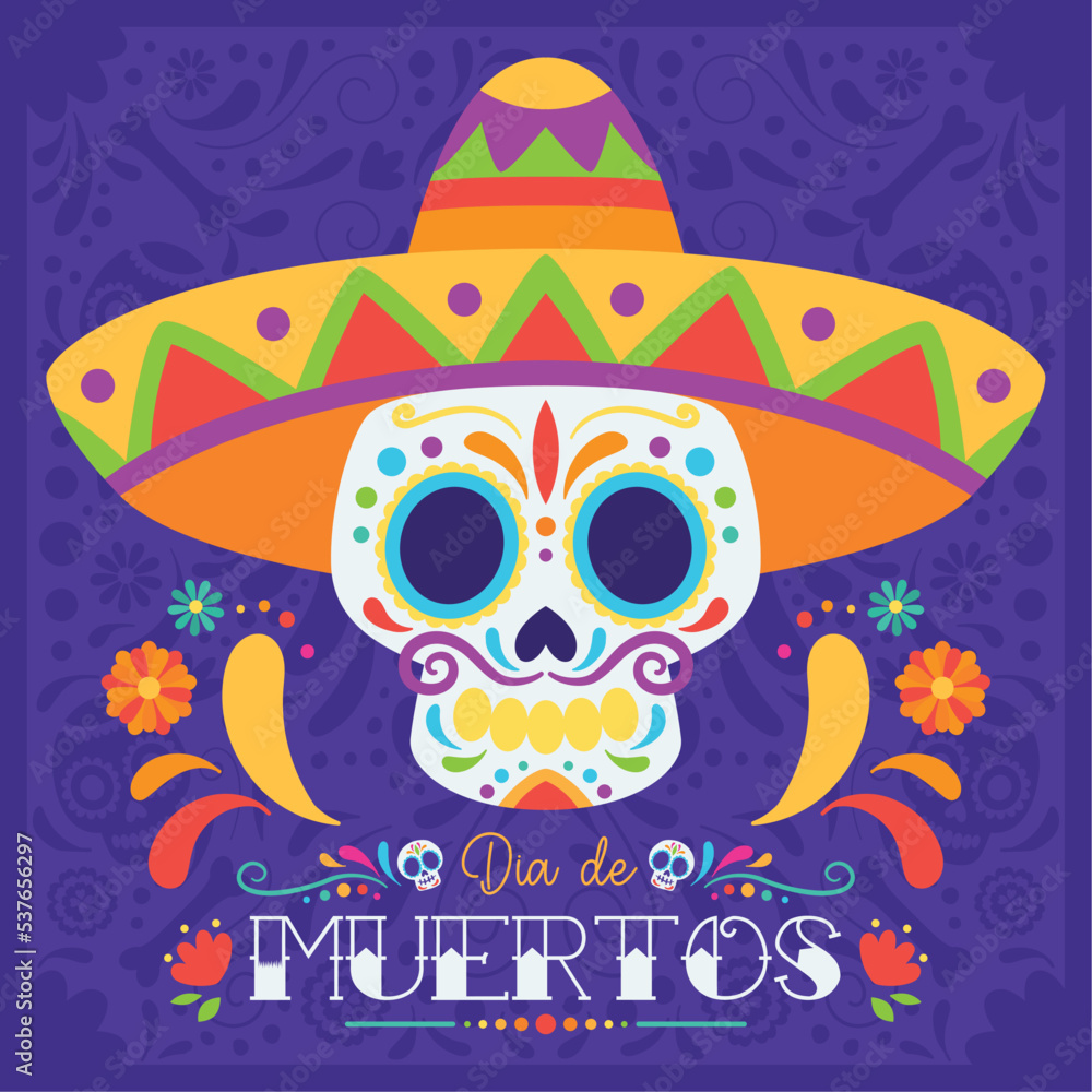 Dia de los muertos poster Skull with traditional mexican hat Vector illustration