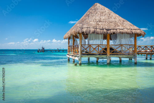 Cancun idyllic caribbean beach and gazebo Palapa, Riviera Maya, Mexico