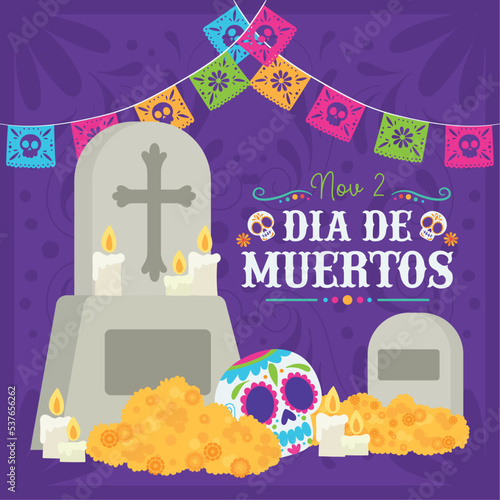 Dia de los muertos tomb with skeletons poster Vector illustration