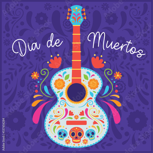 Dia de los muertos with guitar poster Vector illustration